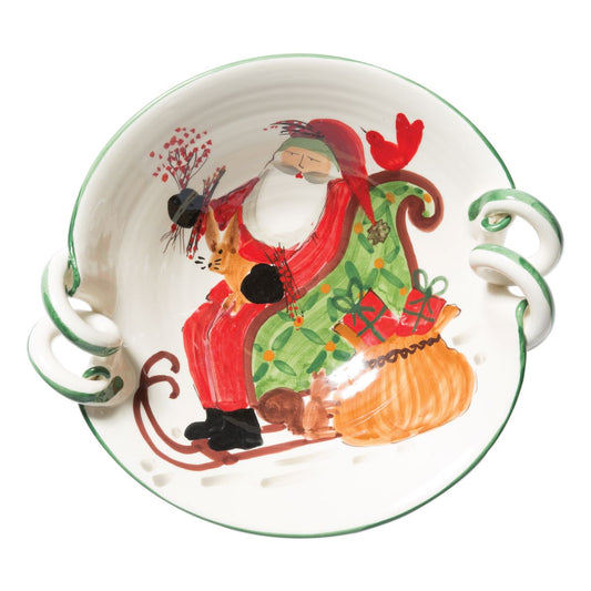 Vietri Old St. Nick Handled Scallop Bowl w/ Sleigh
